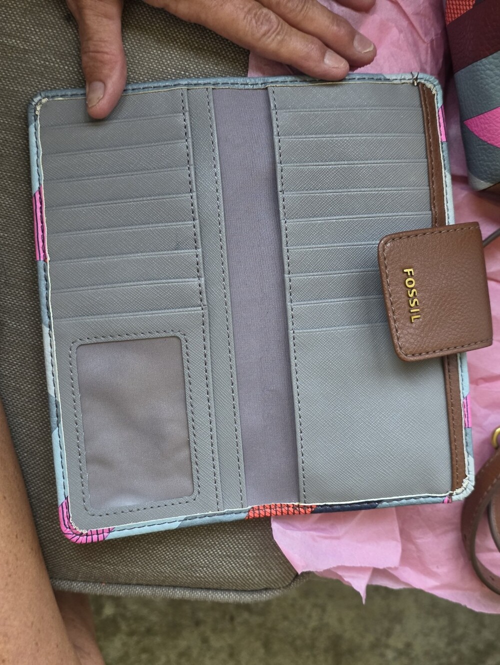 Fossil Brown Tote with Pink, Blue and Cream Geometric Panels - Picture 11 of 16
